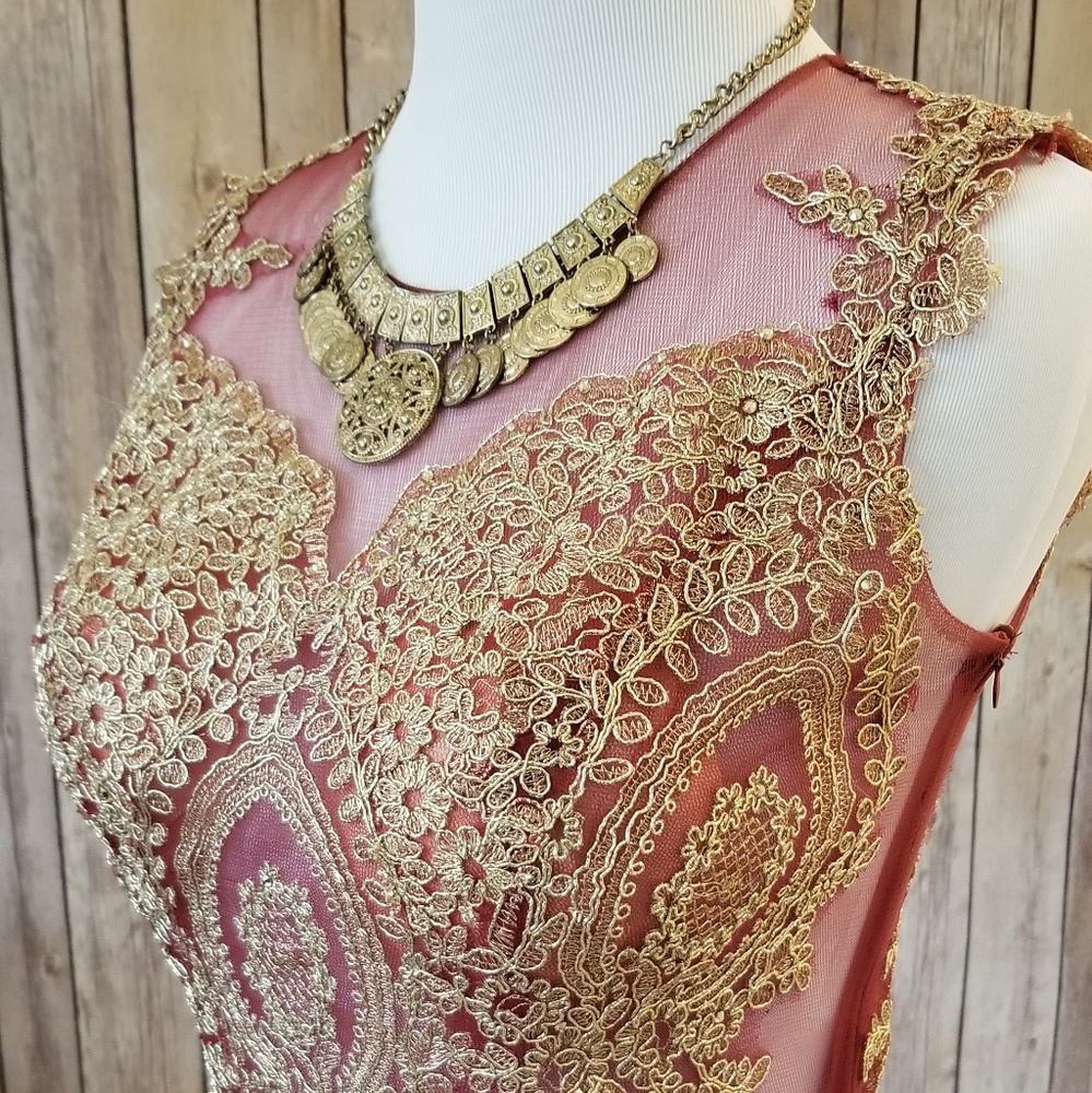 Burgundy and Gold Formal gown dress